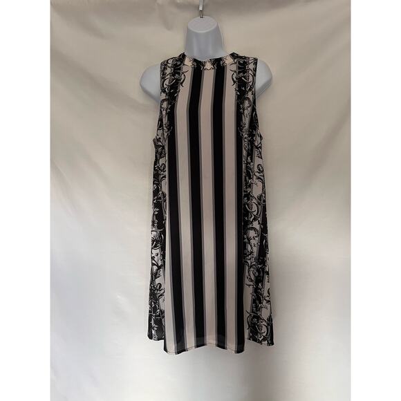 Bar III Stripe Shift Dress Sz M Black Cream Floral Mod Retro Chic Cocktail 60s - Picture 6 of 13